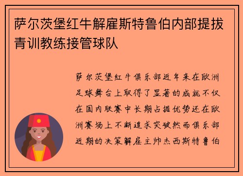 萨尔茨堡红牛解雇斯特鲁伯内部提拔青训教练接管球队