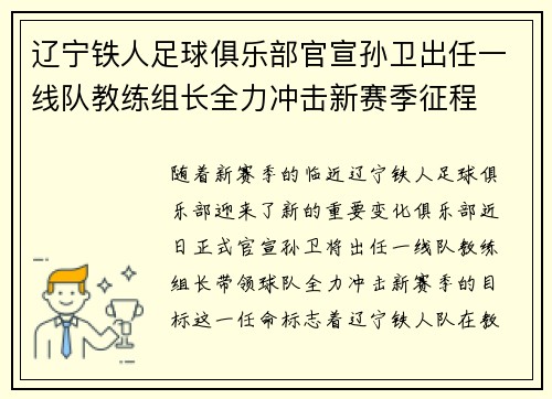 辽宁铁人足球俱乐部官宣孙卫出任一线队教练组长全力冲击新赛季征程